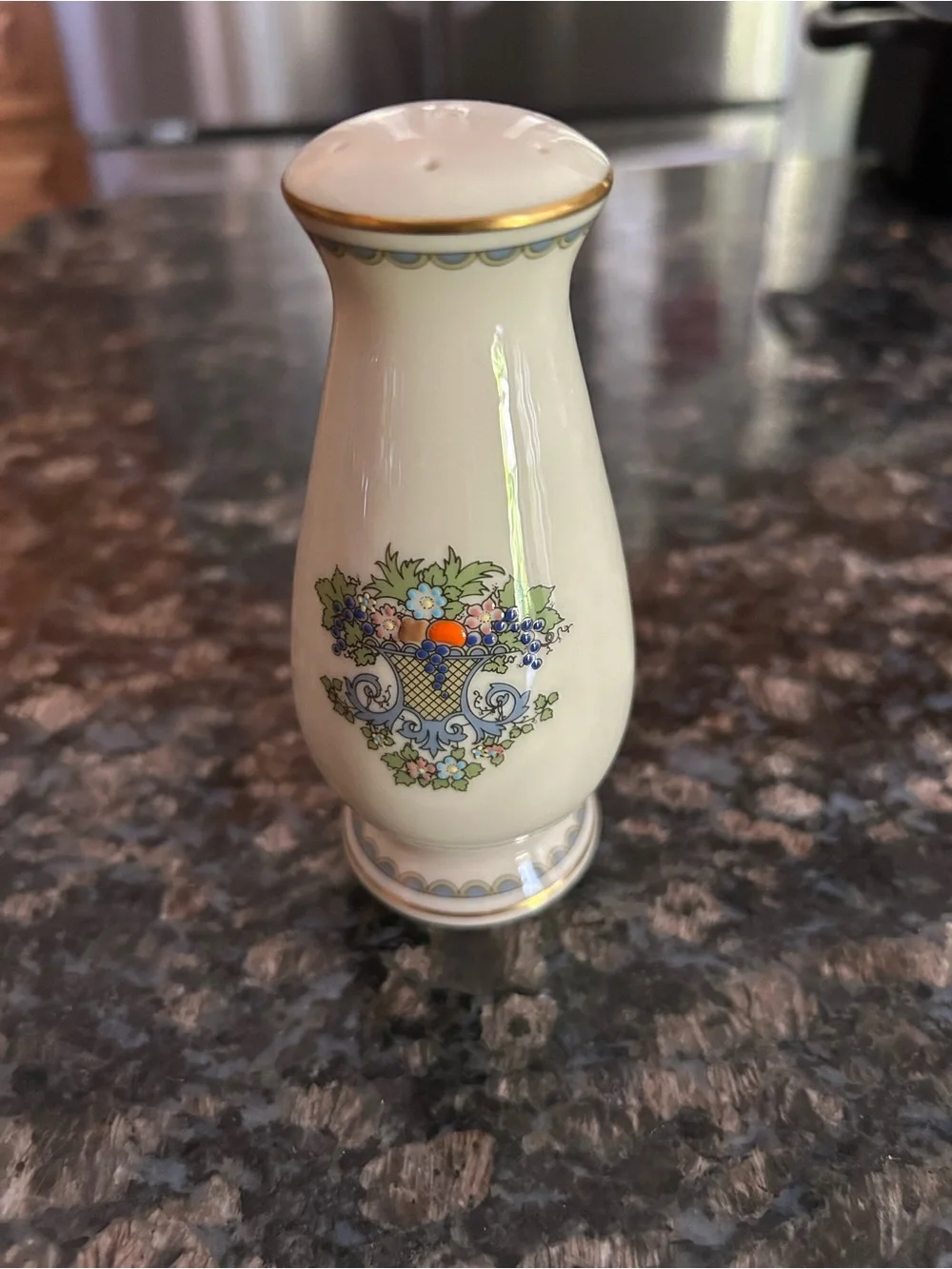 Lenox Cream Porcelain Salt Shaker with Gold Trim and Blue Scallop Band
